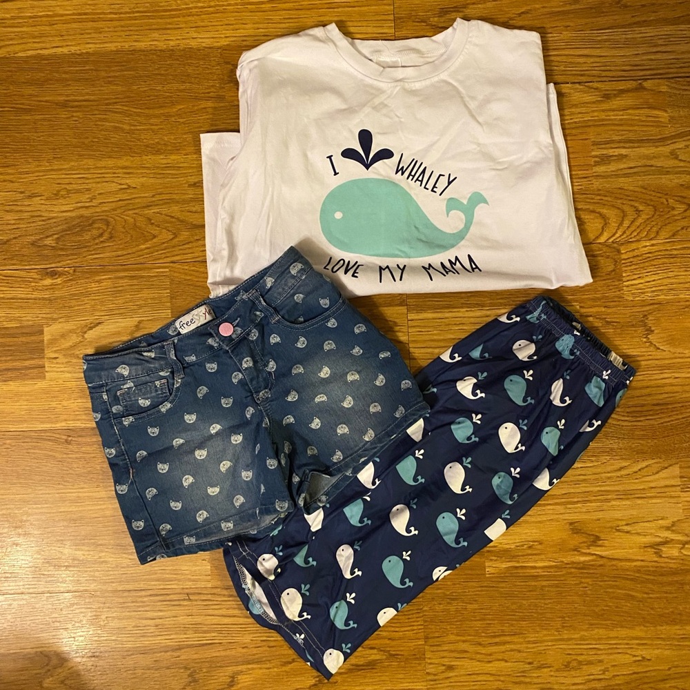 Cute Whale Shirt And Capri Shorts Set With Kitten Print Freestyle Jean Shorts